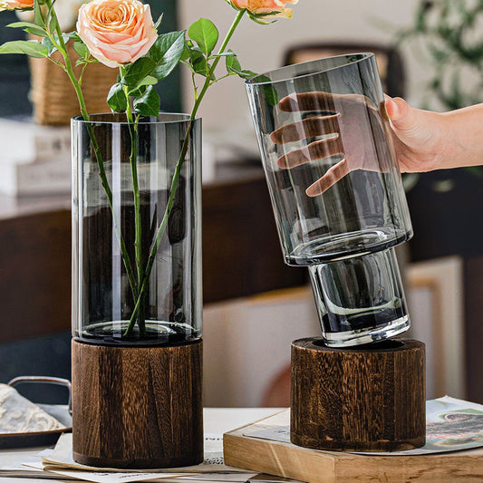 Transparent Glass Vase with Wood Base